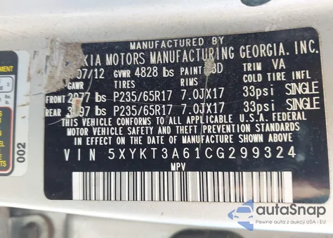 2012 Kia Sorento Lx z USA, uszkodzony, nr VIN 5XYKT3A61CG299324